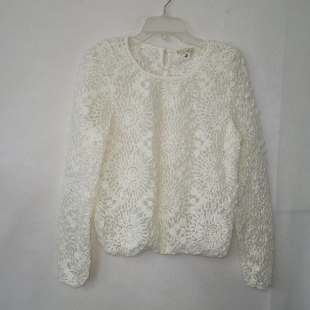 Eyedoll Shirt Womens M Long‎ Sleeve Sheer Ribbon Yarn Embroidered Blouse Cream